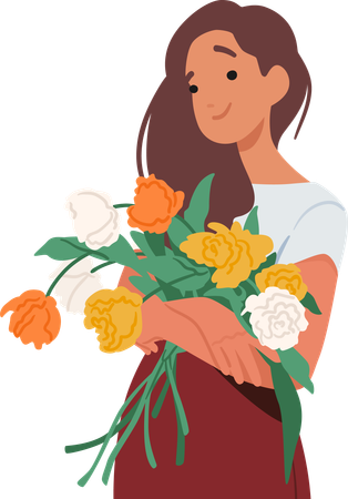 Woman Holding Bouquet with Orange  Illustration