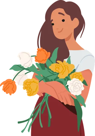 Graceful Woman Cradles A Vibrant Bouquet With Orange Yellow And White Petals Her Eyes Bloom With Joy A Garden In Her Hands Nature Poetry In Floral Embrace Cartoon People Vector Illustration Illustration