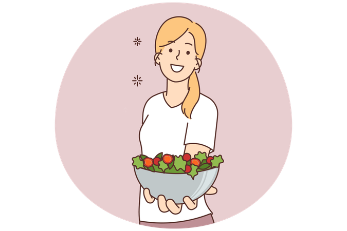 Woman holding bowl of vegetarian salad  Illustration