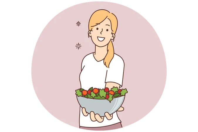 Woman holding bowl of vegetarian salad  Illustration