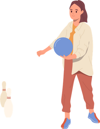 Woman holding bowler ball in hands preparing to hit skittles background  Illustration