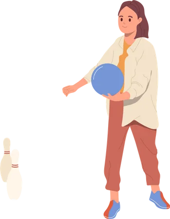 Woman holding bowler ball in hands preparing to hit skittles background  Illustration