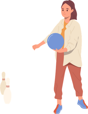 Woman holding bowler ball in hands preparing to hit skittles background  Illustration