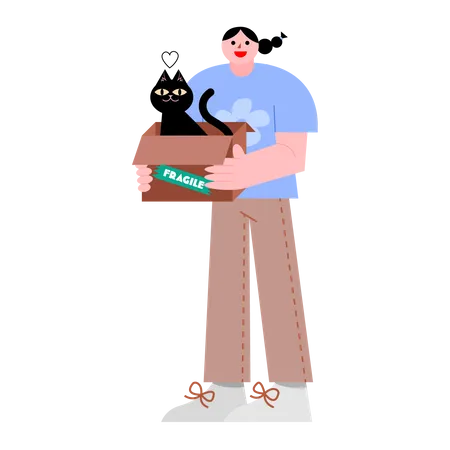 Woman holding box with black cat  Illustration