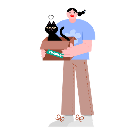 Woman holding box with black cat  Illustration