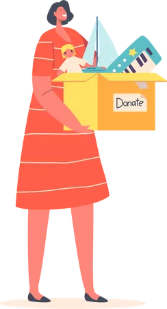 Woman Holding Box with Donated Toys  Illustration