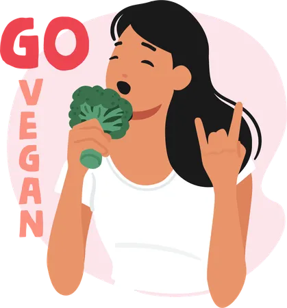 Vibrant Vegan Woman Holds A Bunch Of Fresh Broccoli Imitate Rock Singer With Microphone Embodying Health Conscious Choices And A Commitment To Plant Based Living Cartoon People Vector Illustration Illustration
