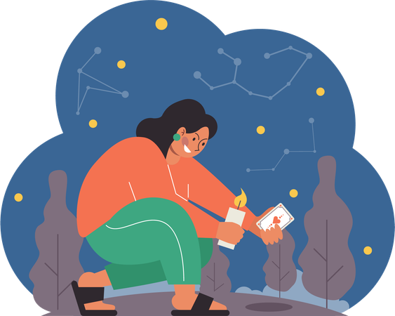 Woman holding candle and tarot card  Illustration