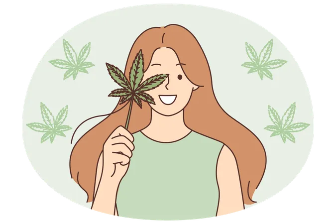Woman holding cannabis leaf recommending legalization of marijuana use for medical purposes  Illustration