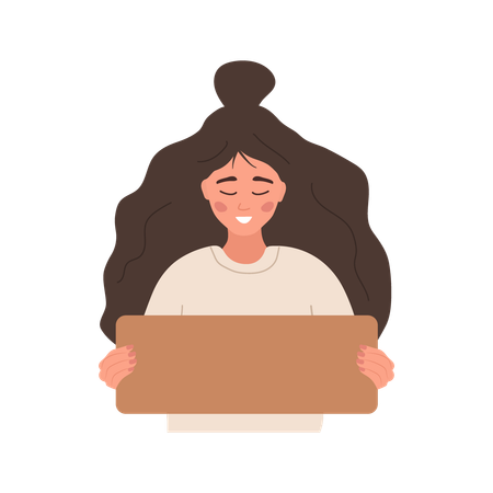 Woman holding cardboard blank sign  Illustration