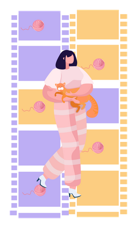 Woman holding cat between hands Illustration