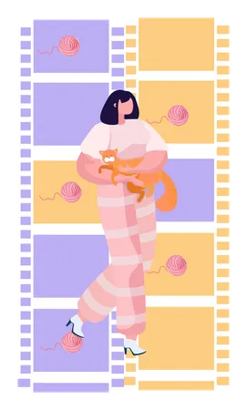 Young Woman Is Standing Petting Her Cat Funny Girl Playing A Ball Of Thread With Her Domestic Animal Happy Female Cartoon Character With Her Pet On Film Strip Background Owner With Ginger Kitty Illustration