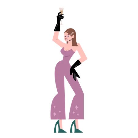 Woman Holding Champagne Glass Vector Illustration In Flat Color Design 일러스트레이션