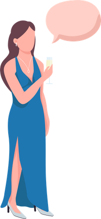 Woman holding champagne glass chatting Illustration