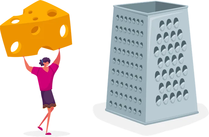 Woman holding cheese and grating it using grater  Illustration