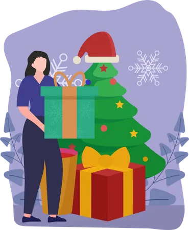 Woman holding christmas gift  Illustration