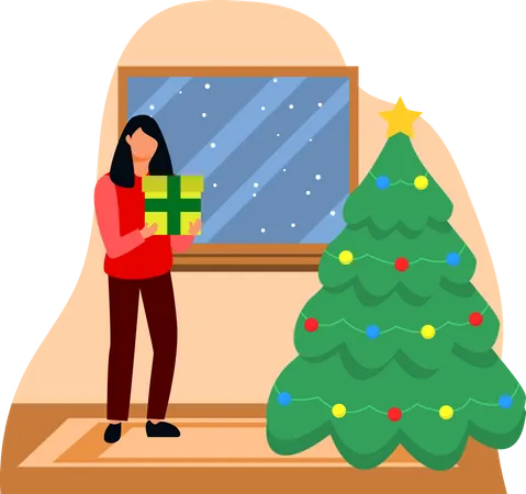 Woman holding Christmas present  Illustration