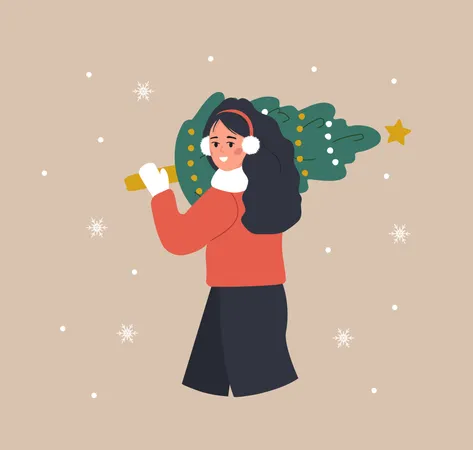 Woman Holding Christmas Tree Smiling Girl Preparing For Winter Holidays People Buying Christmas Fir On The Fair New Year Postcard Vector Illustration In Flat Cartoon Style Illustration
