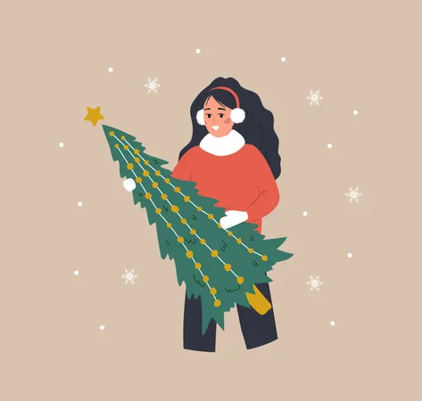 Woman Holding Christmas Tree Smiling Girl Preparing For Winter Holidays People Buying Christmas Fir On The Fair New Year Postcard Vector Illustration In Flat Cartoon Style Illustration