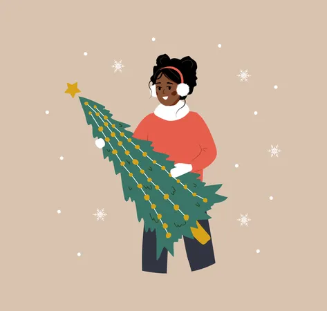 Woman Holding Christmas Tree African Smiling Girl Preparing For Winter Holidays People Buying Christmas Fir On The Fair New Year Postcard Vector Illustration In Flat Cartoon Style Illustration