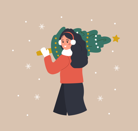 Woman holding Christmas tree  Illustration