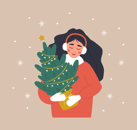 Woman holding Christmas tree in pot  Illustration