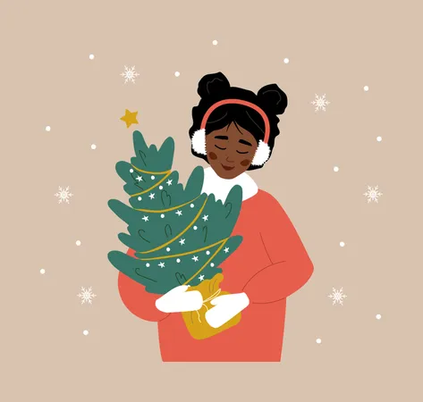 Woman Holding Christmas Tree In Pot African Smiling Girl Preparing For Winter Holidays People Buying Christmas Fir On The Fair New Year Postcard Vector Illustration In Flat Cartoon Style Illustration