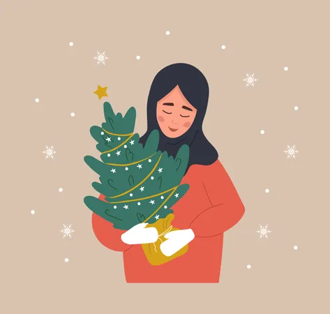 Woman Holding Christmas Tree In Pot Arabian Smiling Girl Preparing For Winter Holidays People Buying Christmas Fir On The Fair New Year Postcard Vector Illustration In Flat Cartoon Style Illustration