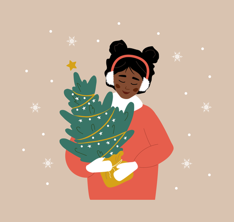 Woman holding Christmas tree in pot  Illustration