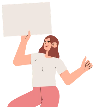 Woman holding clean placard. Joyful female cartoon characters demonstrating empty banner. Colorful vector illustration in flat style. Concept of sale, discount, protest, demonstration. Illustration