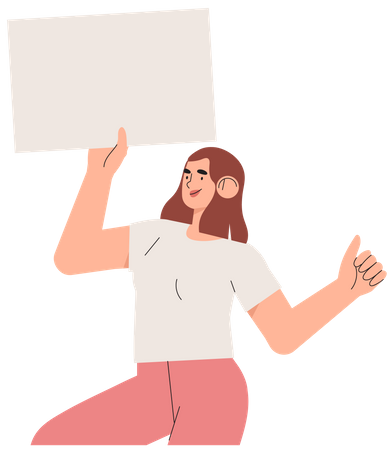 Woman holding clean placard. Joyful female cartoon characters demonstrating empty banner. Colorful vector illustration in flat style. Concept of sale, discount, protest, demonstration.  Illustration