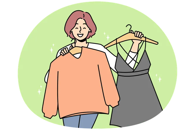 Woman holding clothes on hangers choose what to wear  Illustration