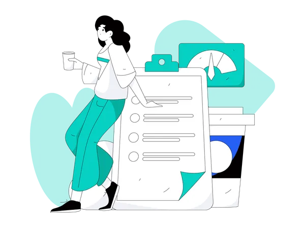 Woman holding coffee and making plan list  Illustration