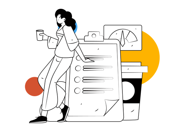 Woman holding coffee and making plan list  Illustration