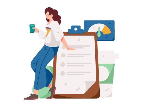 Woman holding coffee and making plan list  Illustration