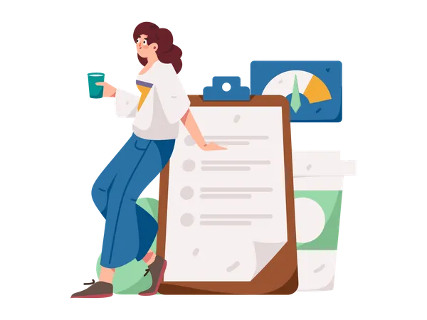 Woman holding coffee and making plan list  Illustration