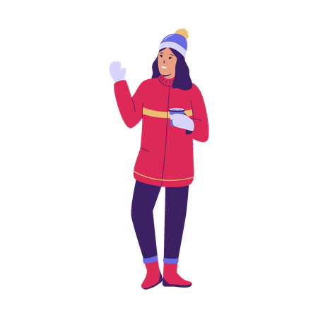 Woman holding coffee cup in winter clothes  일러스트레이션