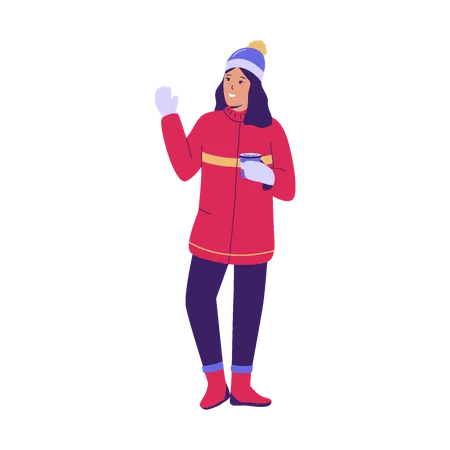 Woman holding coffee cup in winter clothes  Illustration