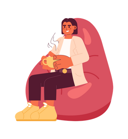 Woman holding coffee cup on bean bag  Illustration