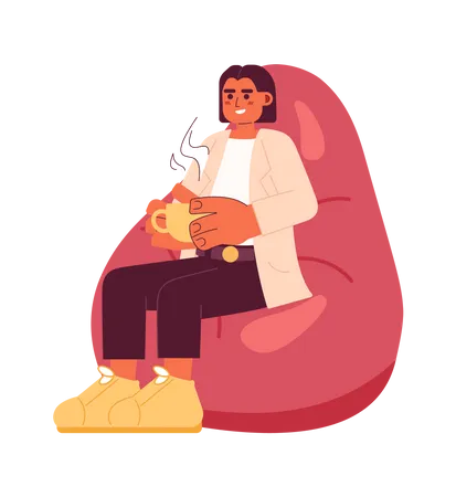 Woman holding coffee cup on bean bag  Illustration