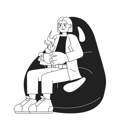 Woman holding coffee cup on bean bag  イラスト