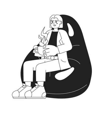 Bean Bag Woman Holding Coffee Cup Black And White 2 D Cartoon Character Middle Eastern Girl Sitting On Beanbag Isolated Vector Outline Person Drinking Tea Break Monochromatic Flat Spot Illustration Illustration
