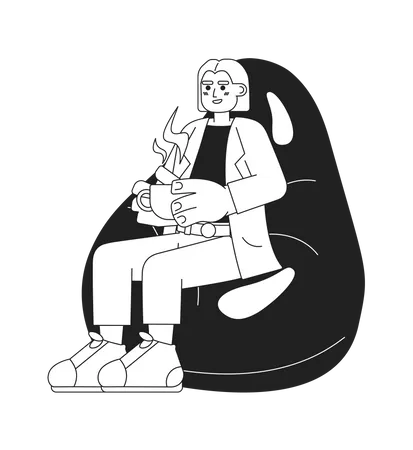 Woman holding coffee cup on bean bag  Illustration