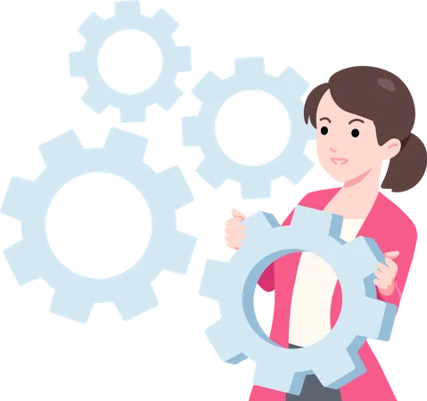 9 Female Entrepreneur Holding Gear Is Like The Importance Of Various Parts Of The Organization Flat Illustration