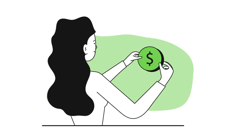Woman Holding A Coin And Smiling Vector Illustration Concept Search For Profit And Business Success Growth Businessman Investment And Research Money Earning Income And Find Budget For Improvement Illustration