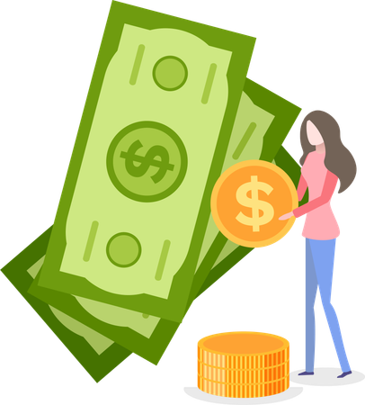 Woman Holding Coins Standing by Banknote  イラスト