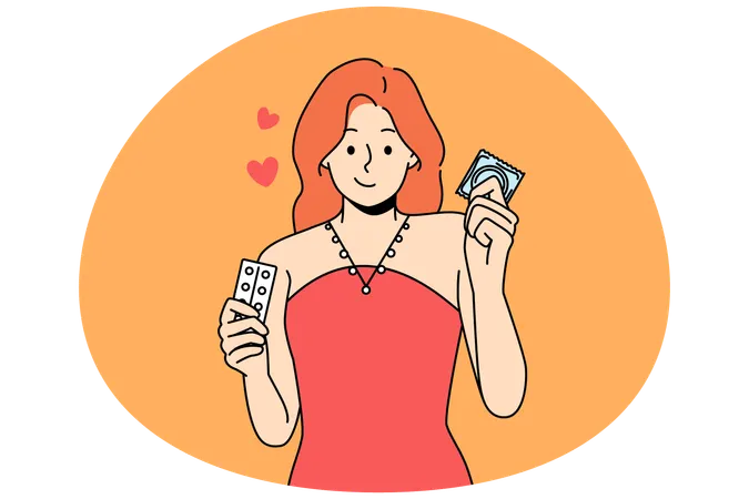 Woman holding contraception methods for pregnancy prevention  Illustration