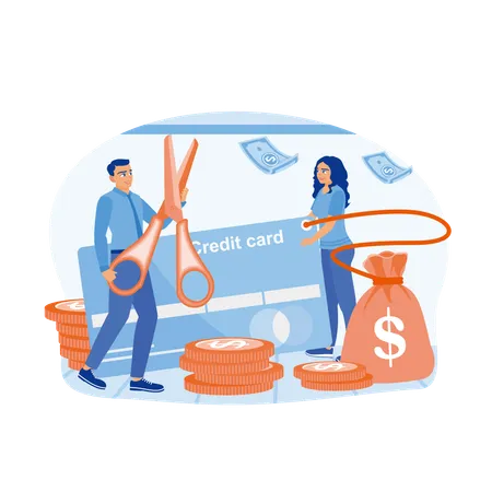 Woman holding credit card tied to sack of money  Illustration