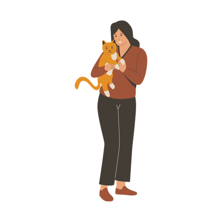Woman holding cute cat  Illustration