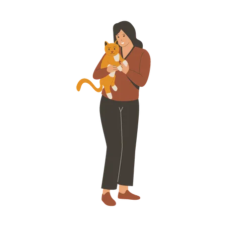 Woman holding cute cat  Illustration